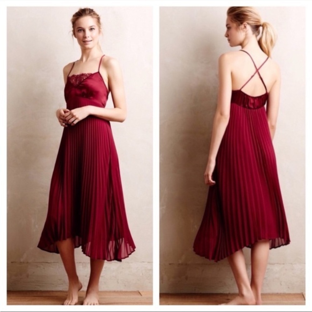 Anthropologie Burgundy Lace-Trim Pleated Midi Slip Dress- so feminine!